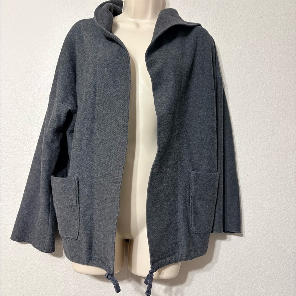 Woman’s James Perse S Charcoal Cotton Open Front Jacket W Hood Patch Pockets